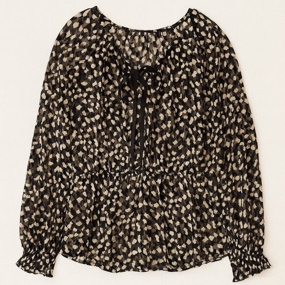 Theory Women's Black Gold Silk Blend Square Burnout Peplum Tie Neck Blouse S NWT - Picture 4 of 8